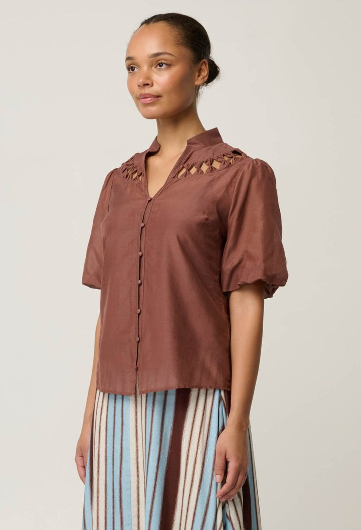 Coralie Cotton Silk Smock Blouse in Garnet blouse Once Was