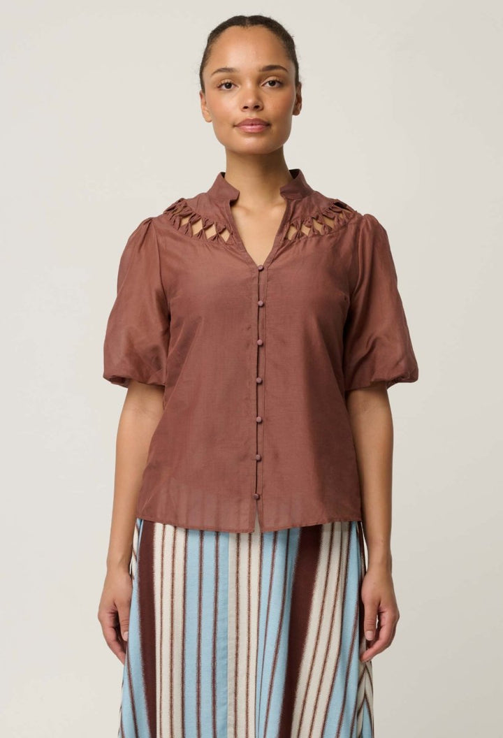 Coralie Cotton Silk Smock Blouse in Garnet blouse Once Was