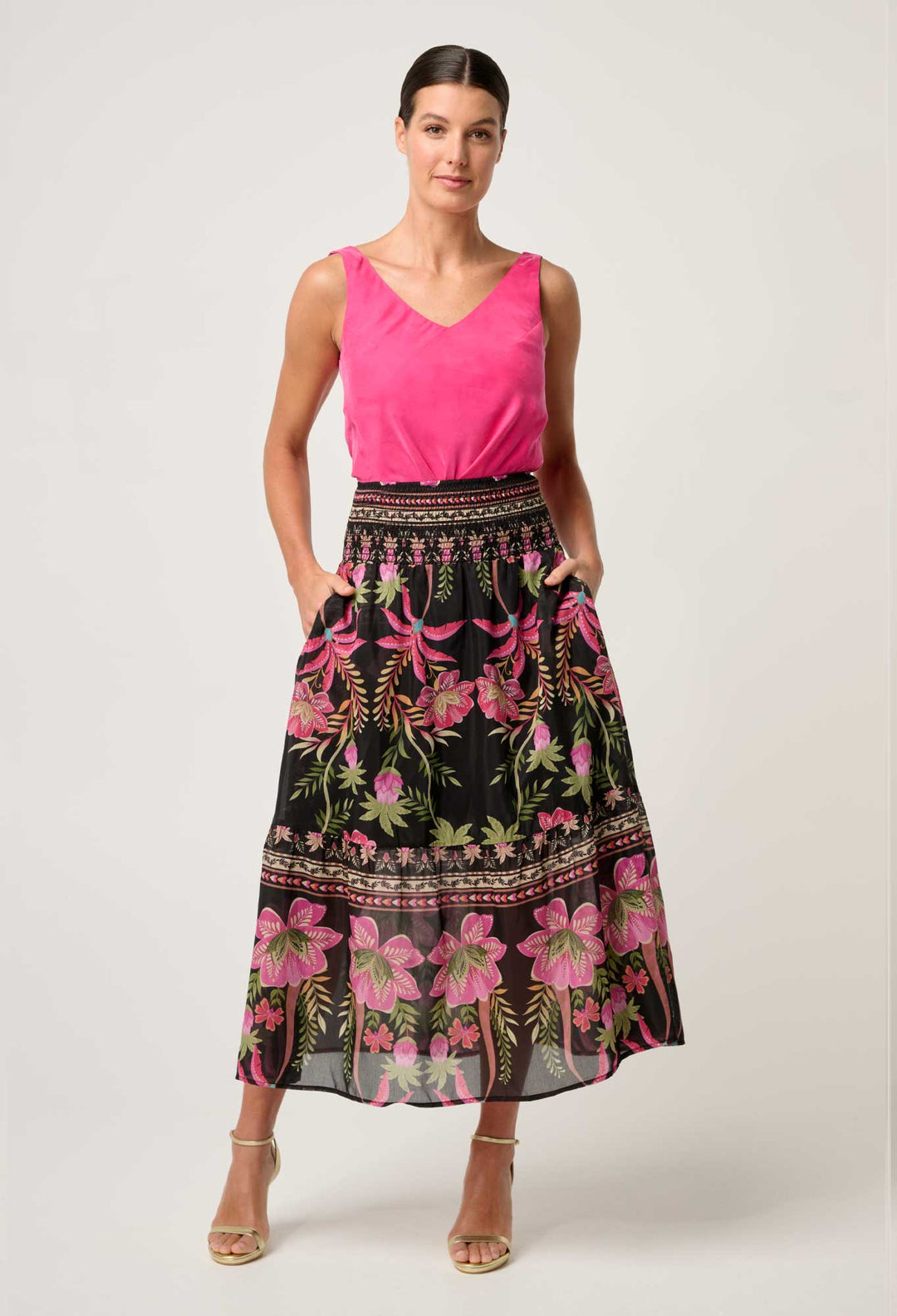 Cordelia Shirred Silk Cotton Skirt in Anthos Lótos skirt Once Was