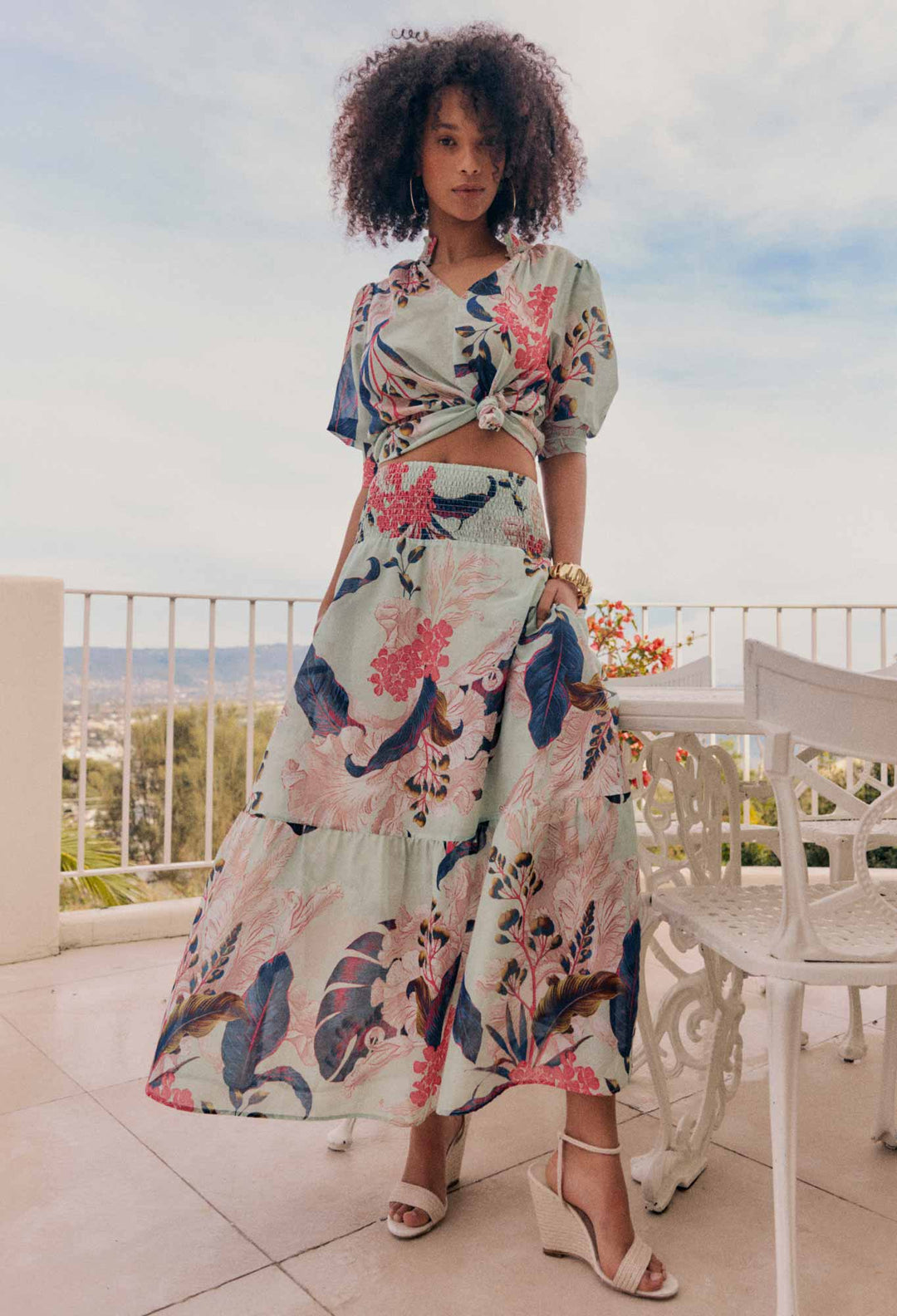 Cordelia Shirred Silk Cotton Skirt in Oasis Flora - Stanleyandstone