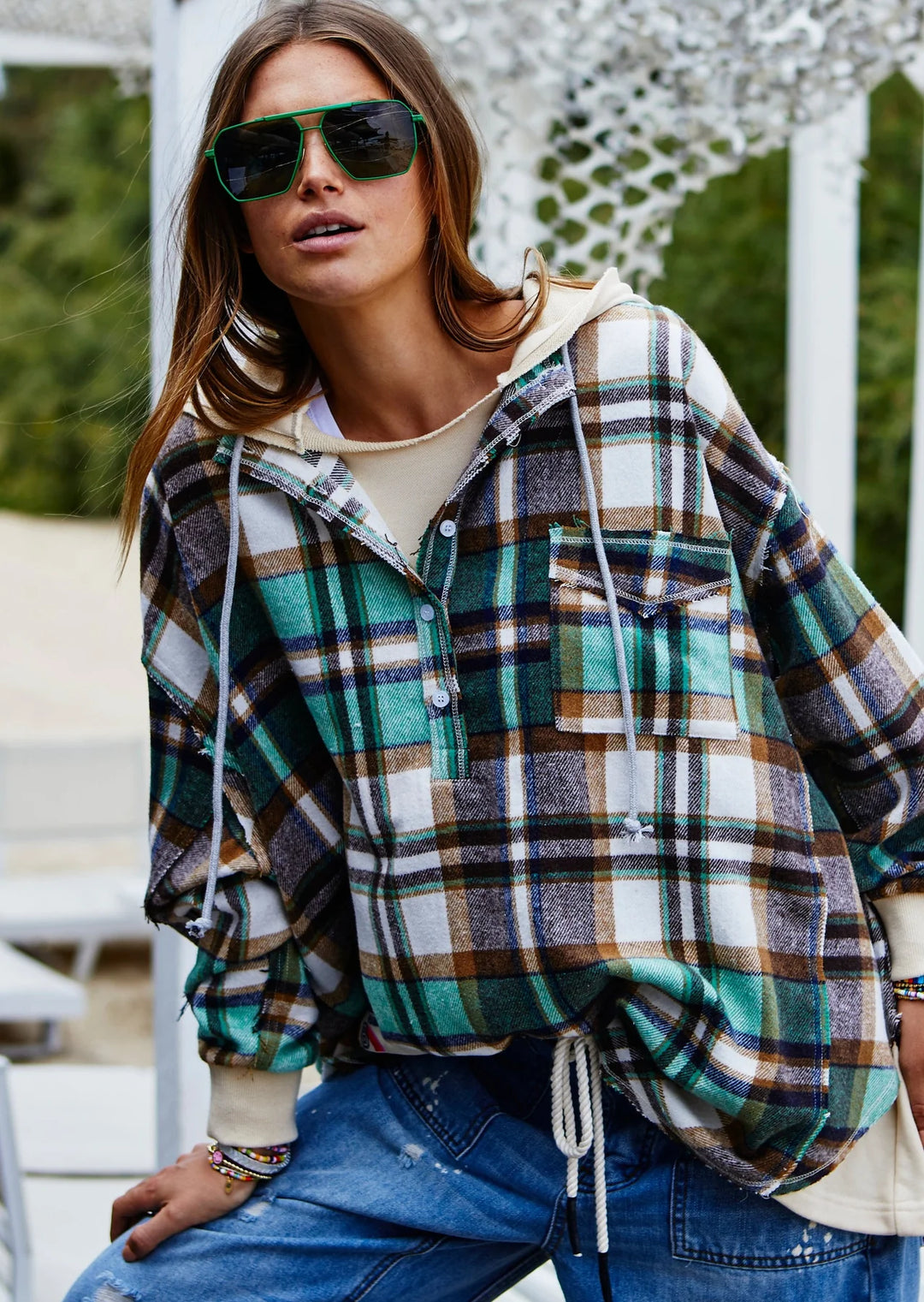 Hammil & Co Flannel Check Hoodie -Green / Natural Windcheater hammill & Co   