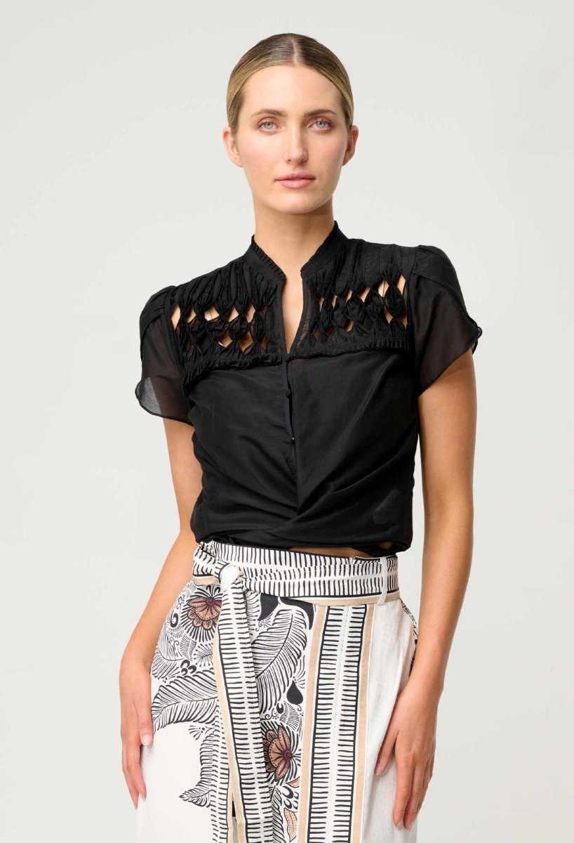 Dalia Diamond Smock Silk Cotton Print Shirt - ONYX Blouse Once Was