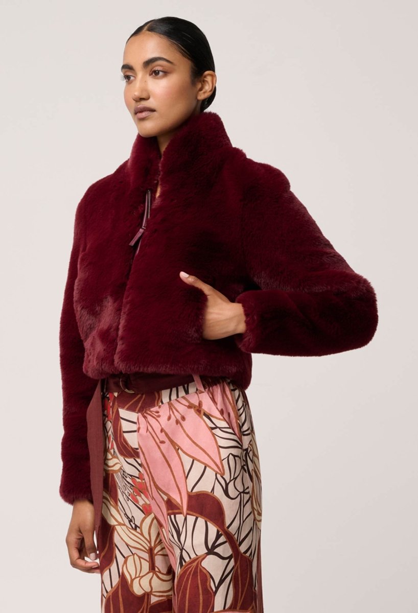 Dawn Faux Fur Cropped Jacket in Bordeaux Coats &amp; Jackets Once Was