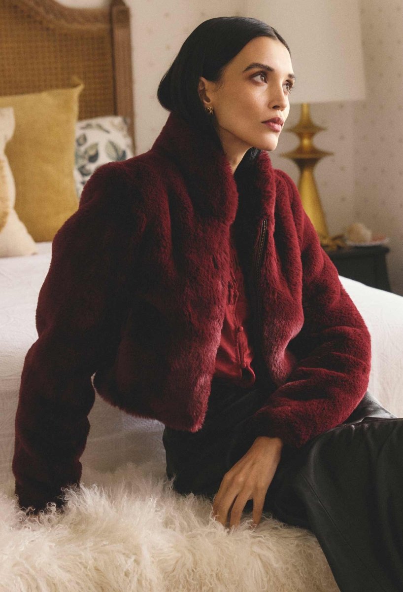 Dawn Faux Fur Cropped Jacket in Bordeaux Once Was