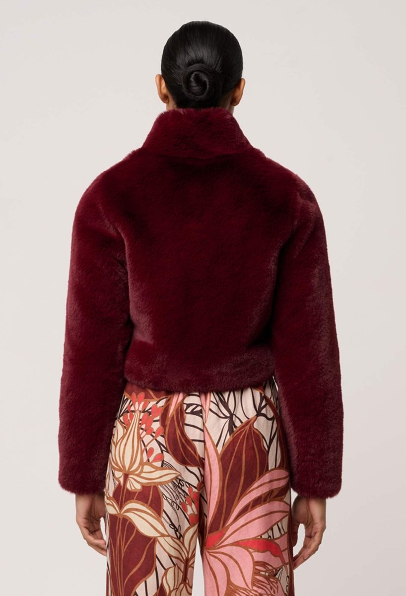 Dawn Faux Fur Cropped Jacket in Bordeaux Coats &amp; Jackets Once Was