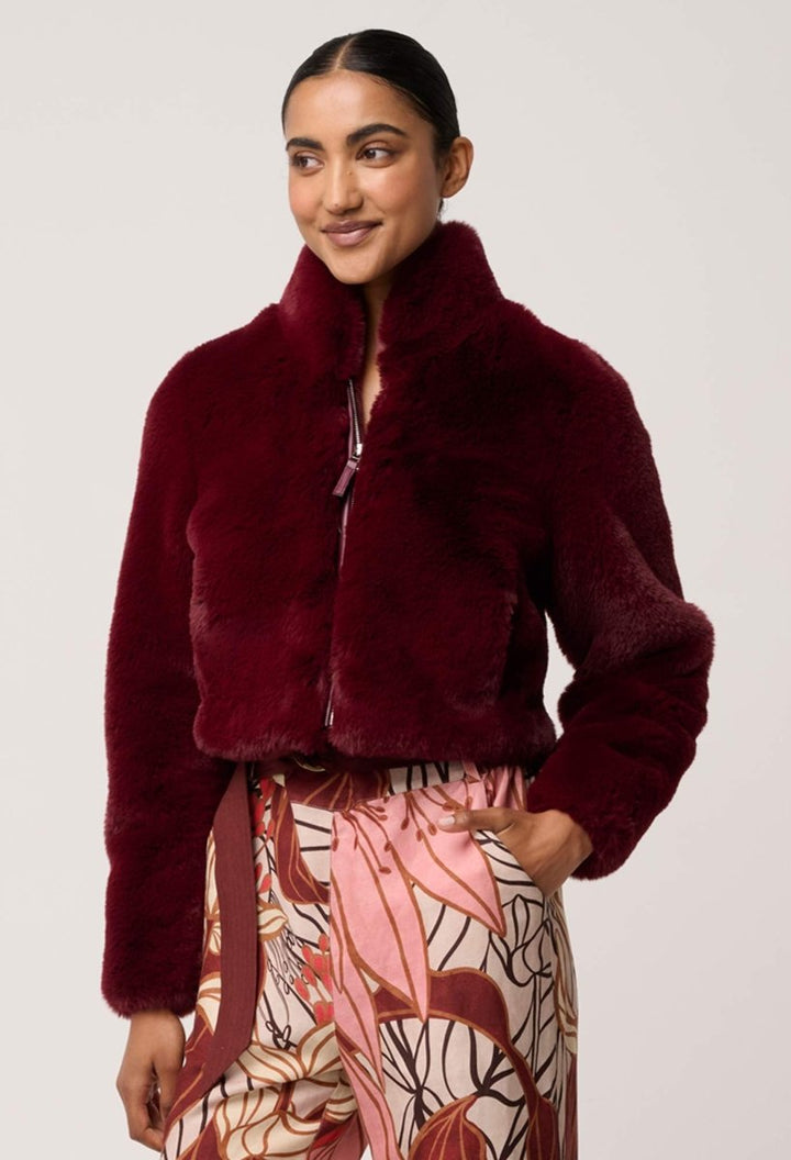 Dawn Faux Fur Cropped Jacket in Bordeaux Coats &amp; Jackets Once Was
