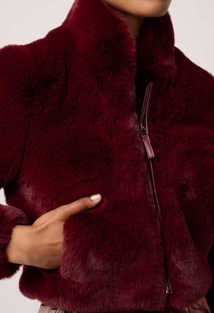 Dawn Faux Fur Cropped Jacket in Bordeaux Coats &amp; Jackets Once Was