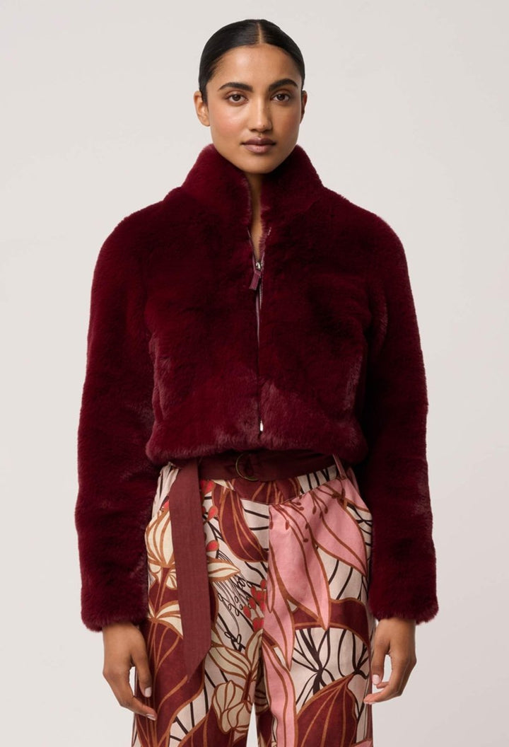 Dawn Faux Fur Cropped Jacket in Bordeaux Coats &amp; Jackets Once Was