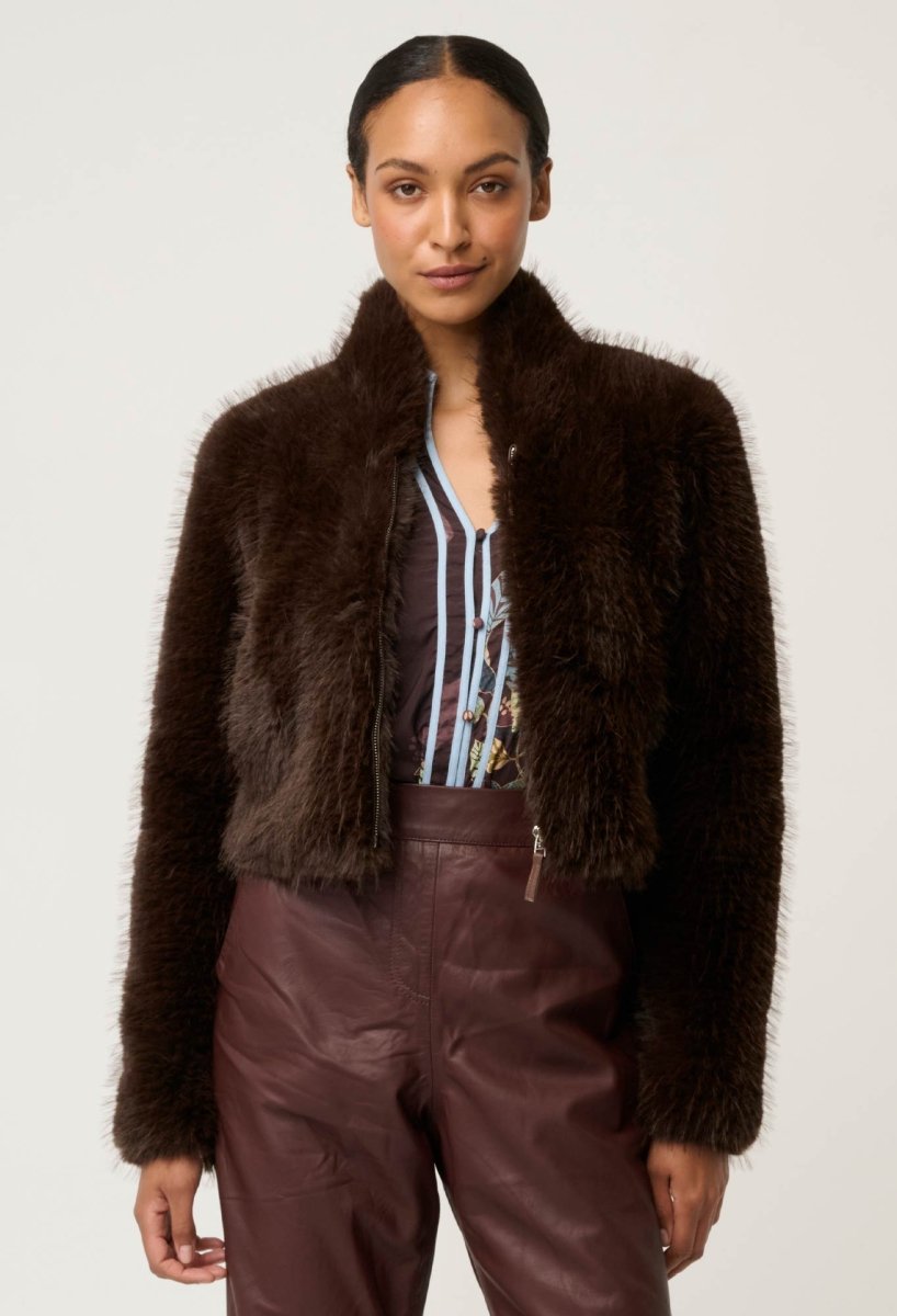 Dawn Faux Fur Cropped Jacket in Walnut Once Was