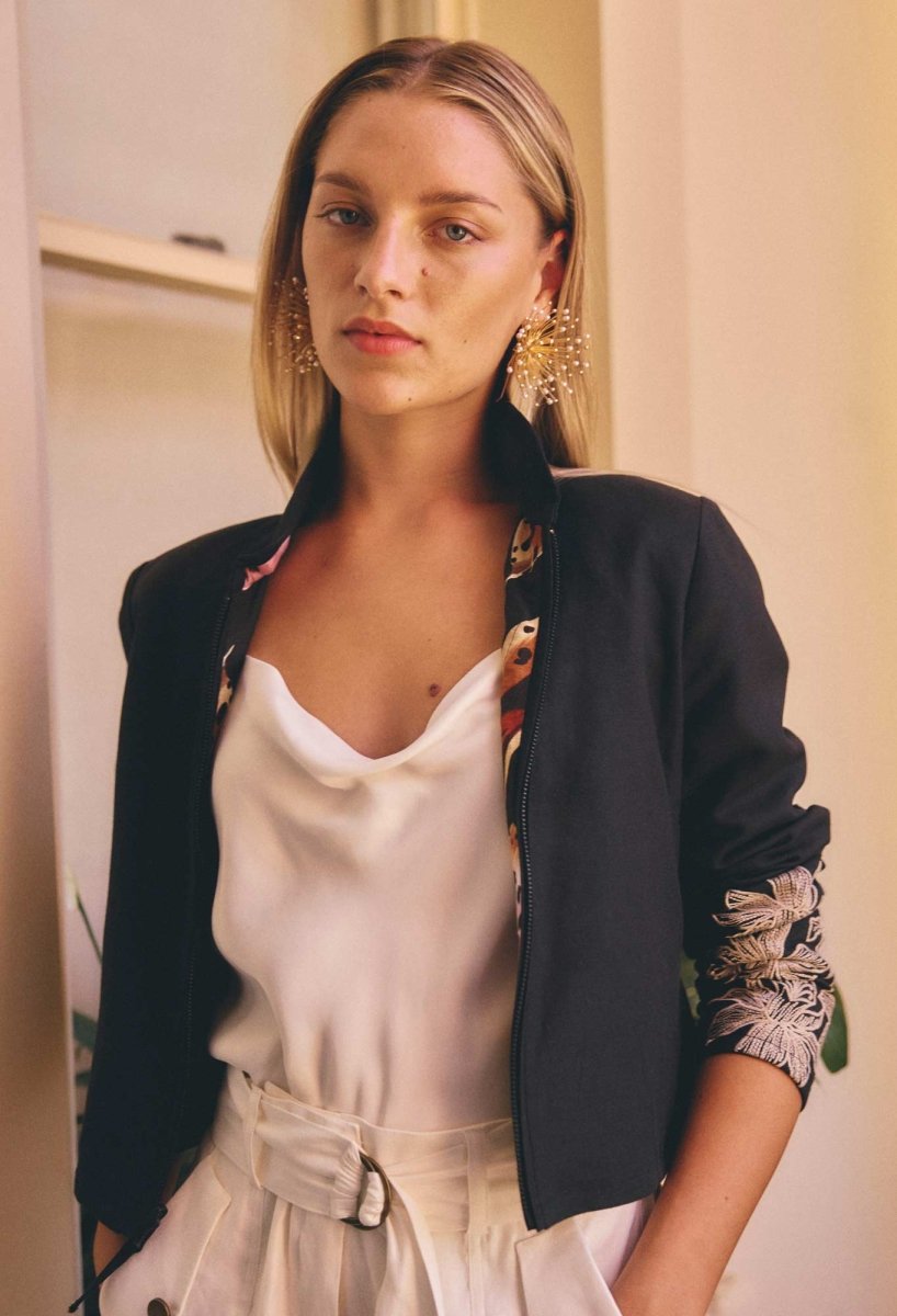 Delray Reversible Linen Viscose Jacket in Sunset Orchid/Noir Orchid Blouse Once Was