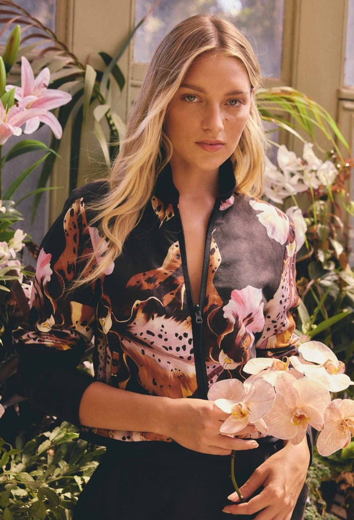 Delray Reversible Linen Viscose Jacket in Sunset Orchid/Noir Orchid Blouse Once Was