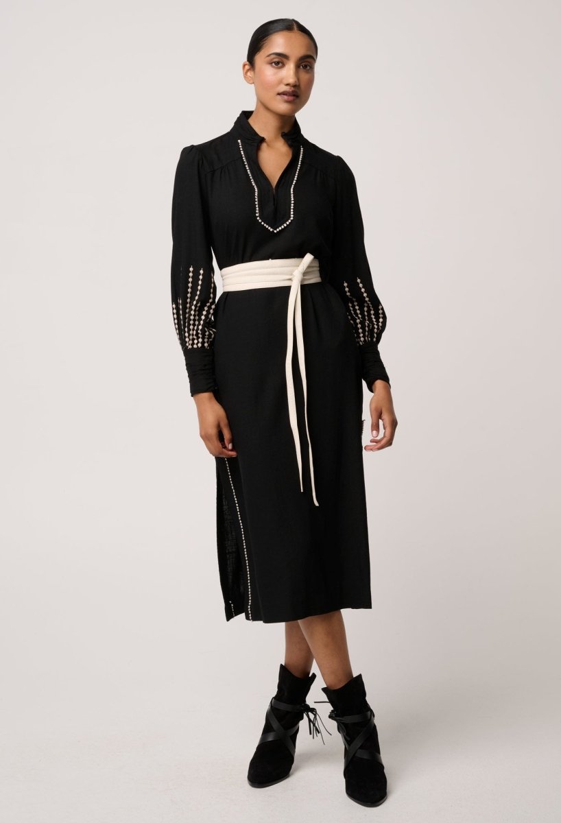 Edith Linen Viscose Embroidered Midi Dress in Black OnceWas