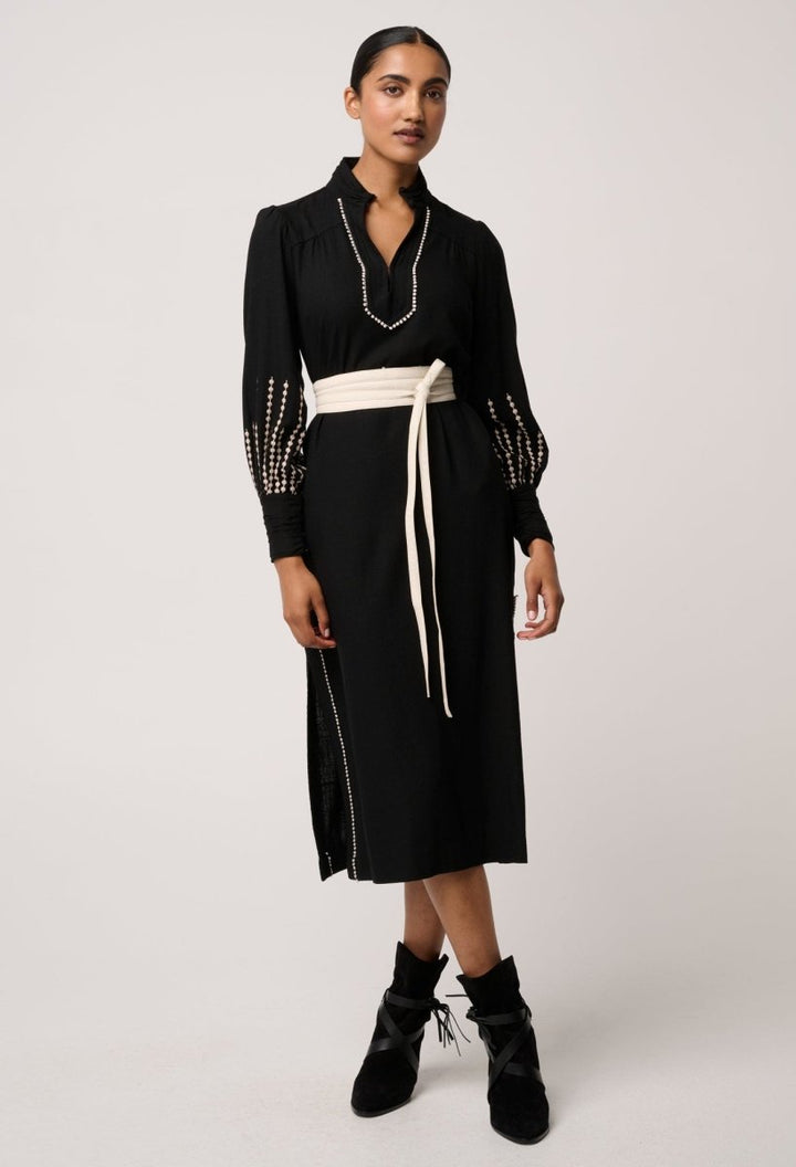 Edith Linen Viscose Embroidered Midi Dress in Black OnceWas