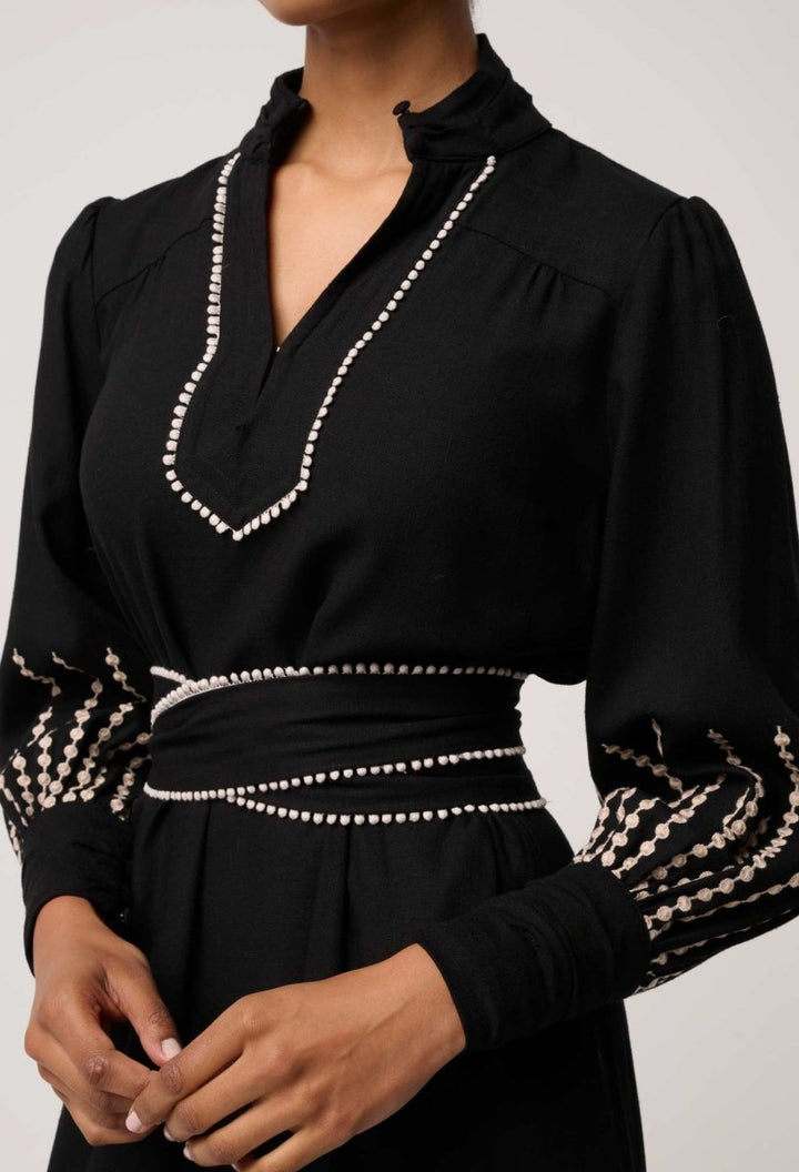 Edith Linen Viscose Embroidered Midi Dress in Black OnceWas