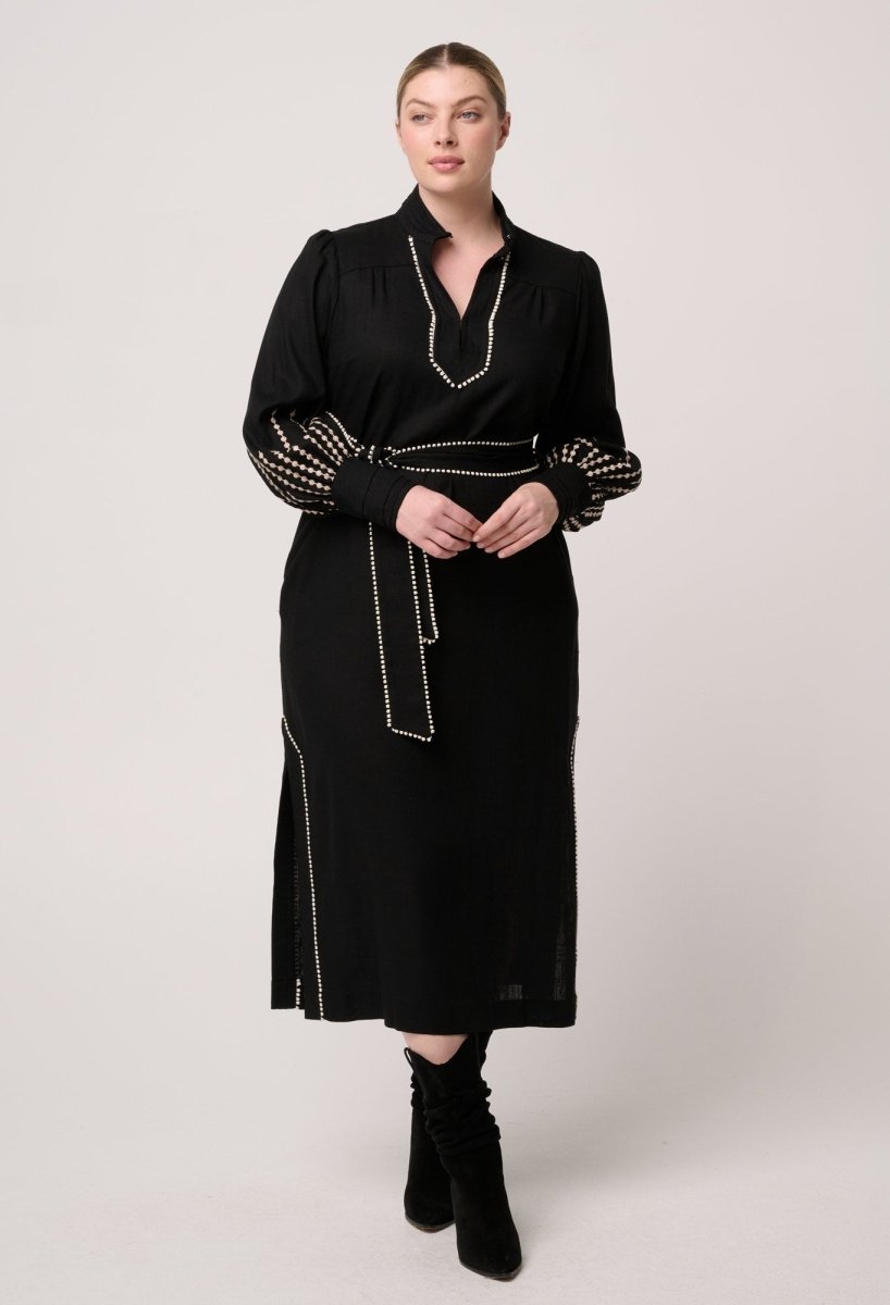 Edith Linen Viscose Embroidered Midi Dress in Black OnceWas