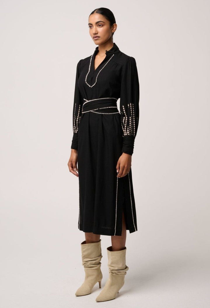 Edith Linen Viscose Embroidered Midi Dress in Black OnceWas