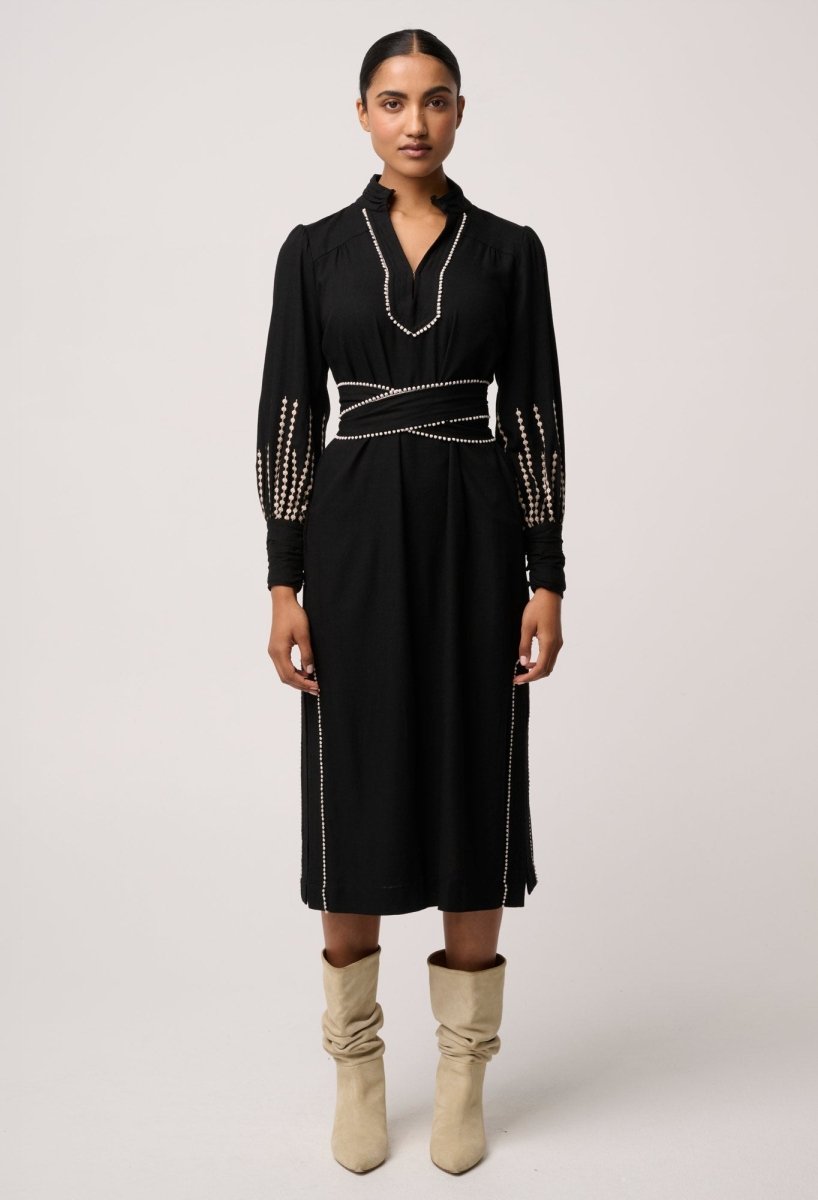 Edith Linen Viscose Embroidered Midi Dress in Black OnceWas