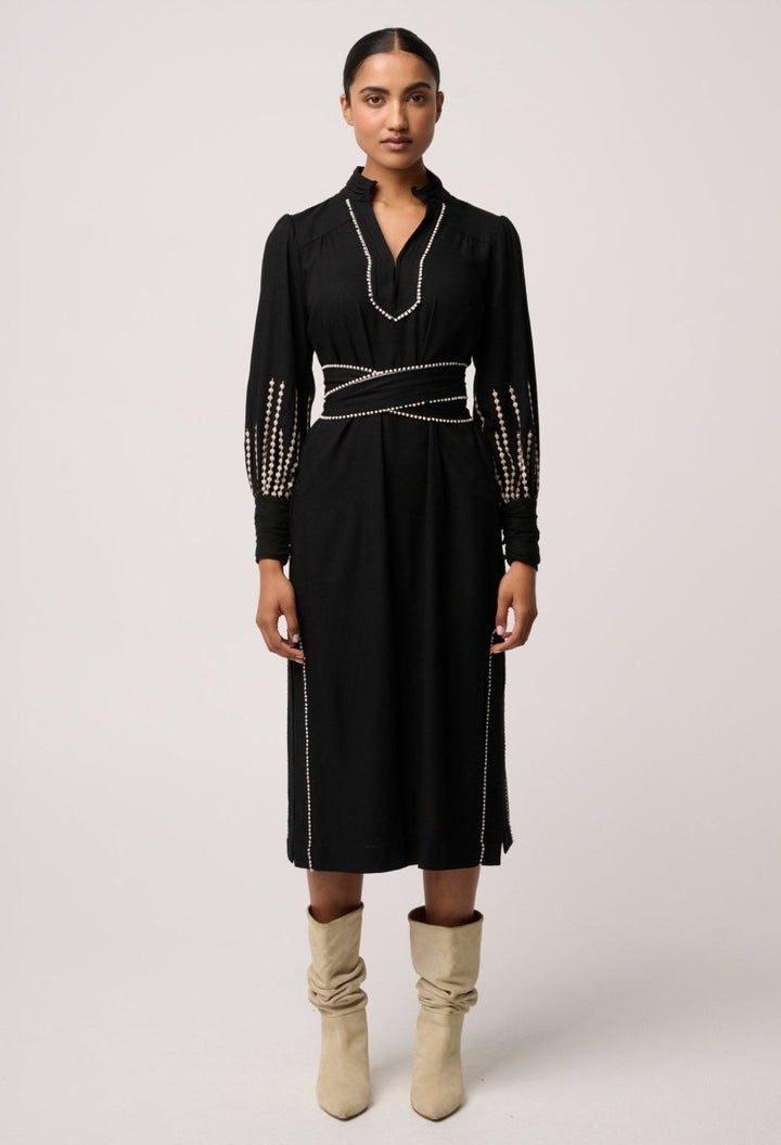 Edith Linen Viscose Embroidered Midi Dress in Black OnceWas