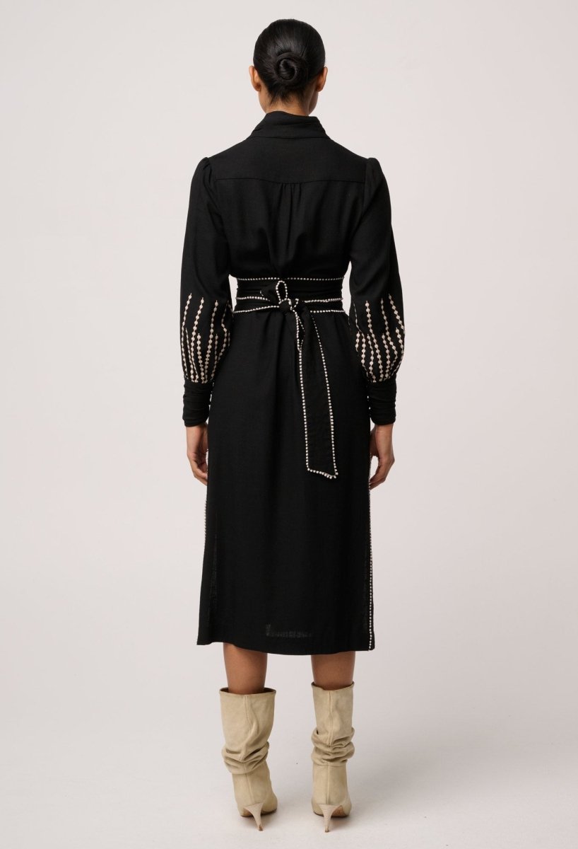 Edith Linen Viscose Embroidered Midi Dress in Black OnceWas