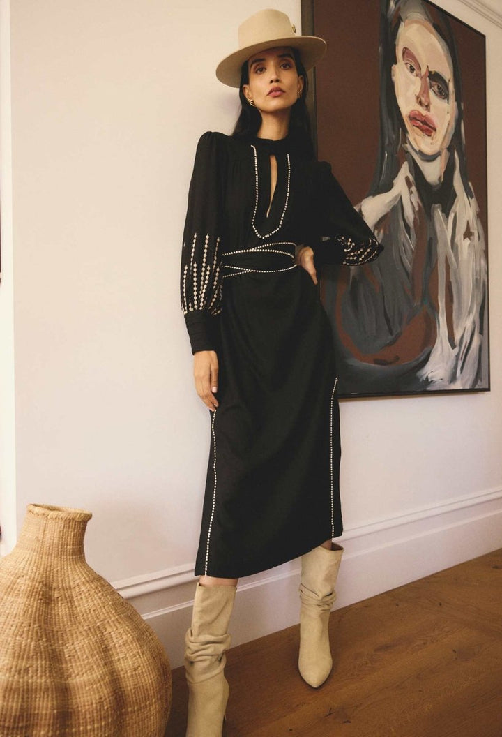 Edith Linen Viscose Embroidered Midi Dress in Black OnceWas