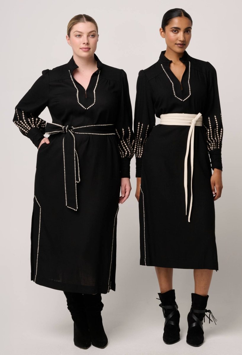 Edith Linen Viscose Embroidered Midi Dress in Black OnceWas