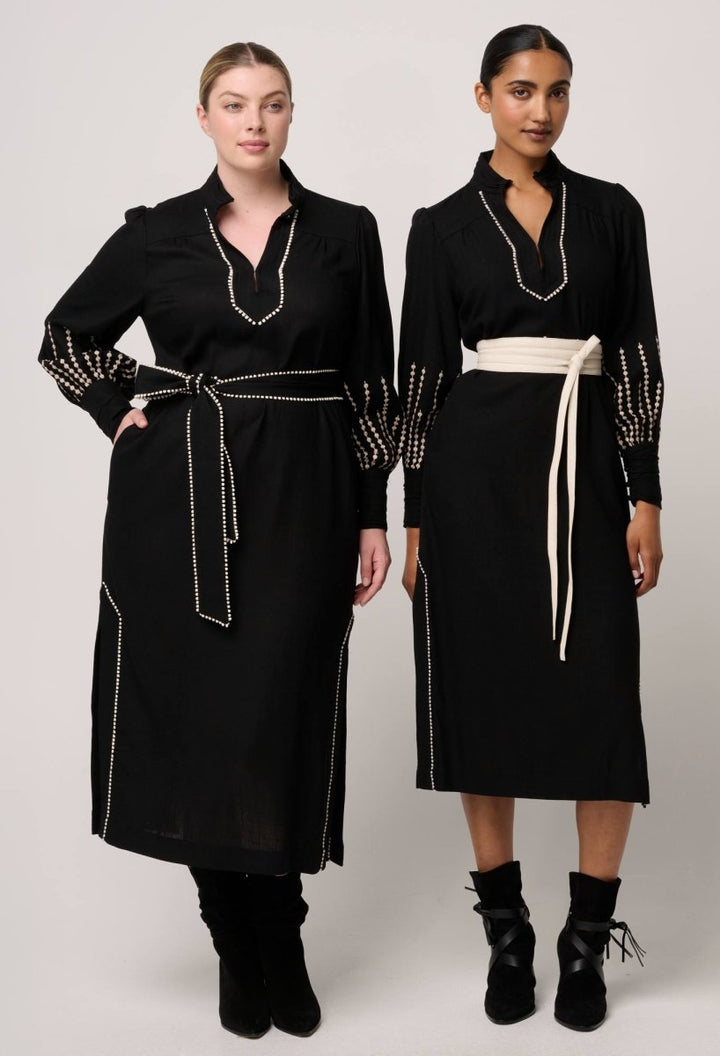 Edith Linen Viscose Embroidered Midi Dress in Black OnceWas