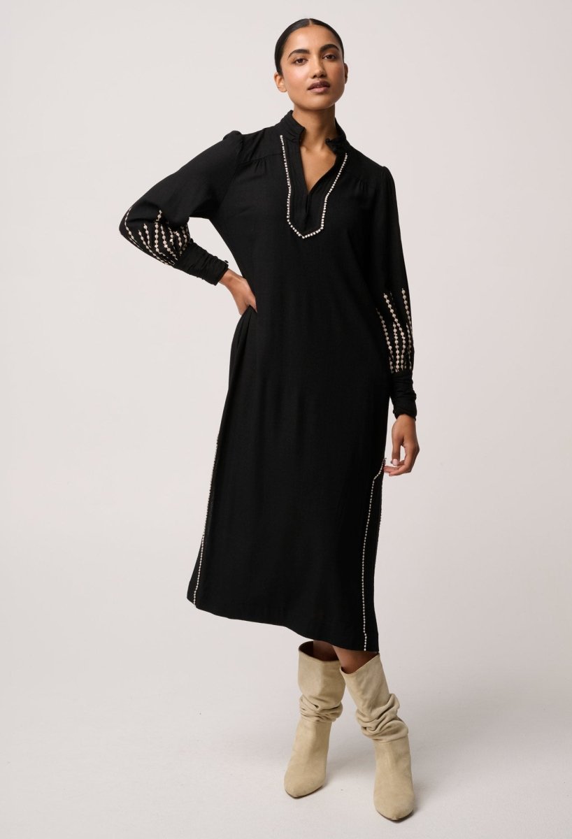 Edith Linen Viscose Embroidered Midi Dress in Black OnceWas