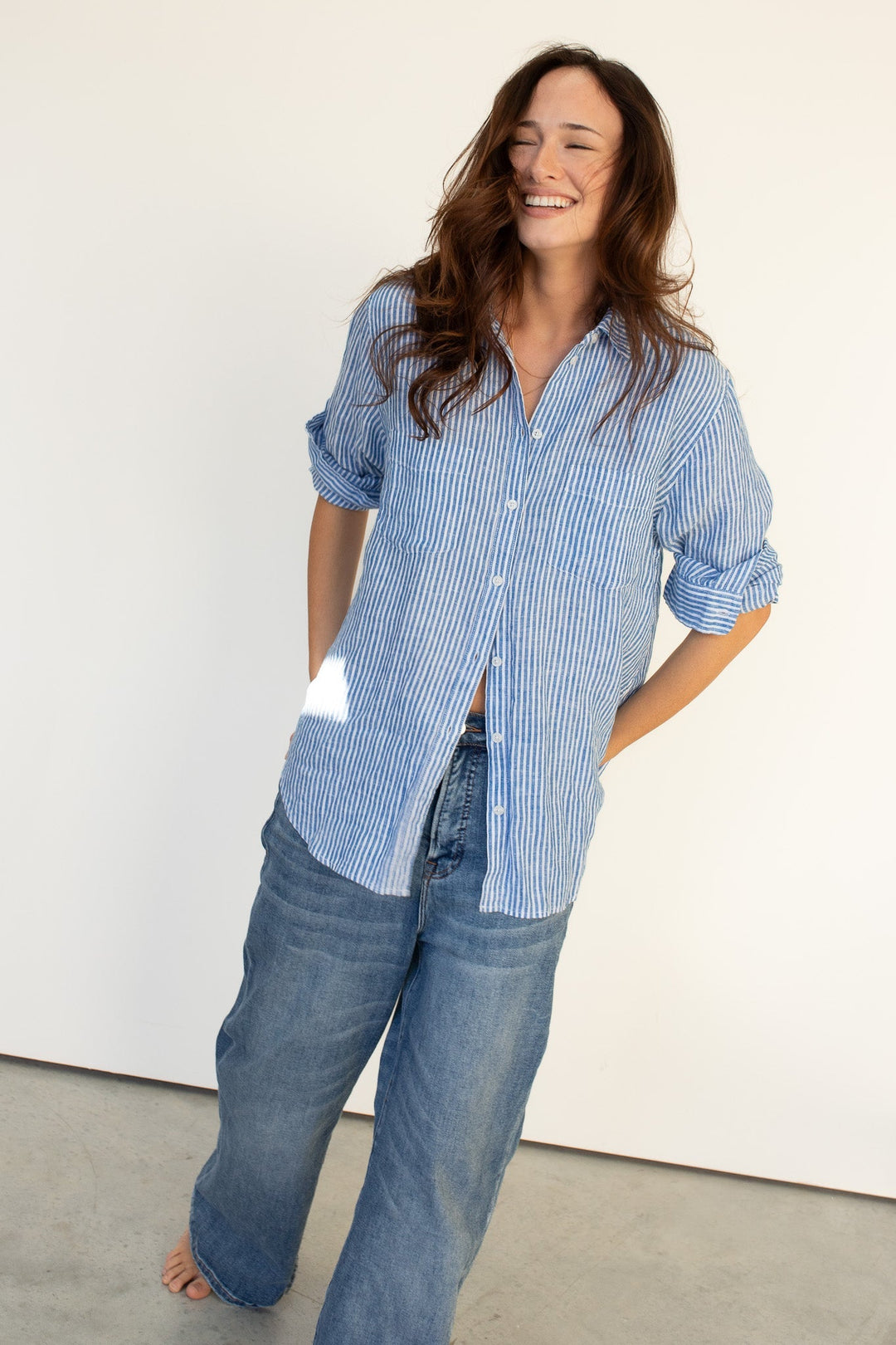 Electric Blue Stripe Boyfriend Linen Shirt HUT