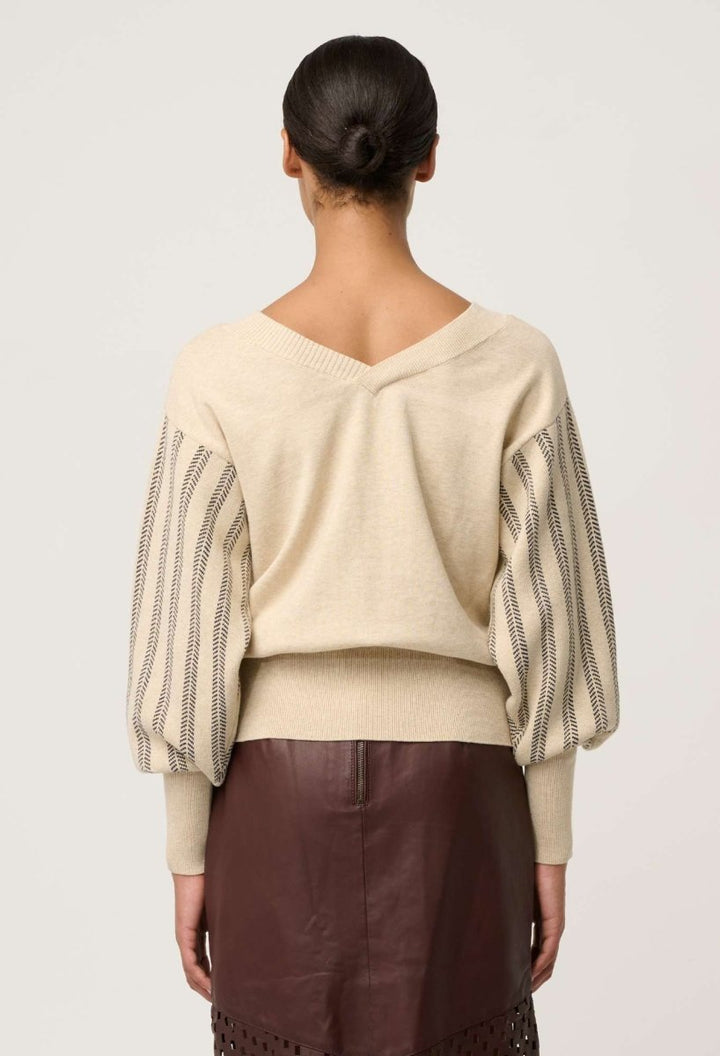 Elsie Cotton Cashmere Blend V Neck Jacquard Knit in Cream Braid knit Once Was