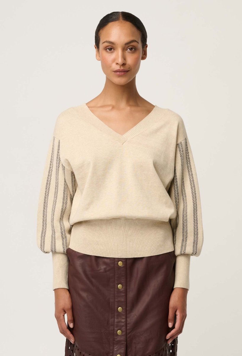 Elsie Cotton Cashmere Blend V Neck Jacquard Knit in Cream Braid knit Once Was