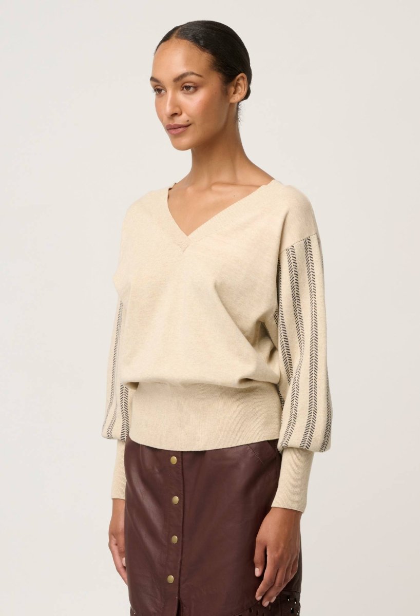 Elsie Cotton Cashmere Blend V Neck Jacquard Knit in Cream Braid knit Once Was