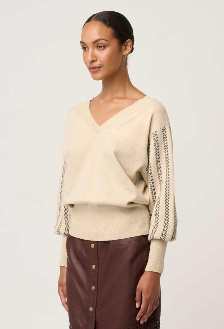 Elsie Cotton Cashmere Blend V Neck Jacquard Knit in Cream Braid knit Once Was