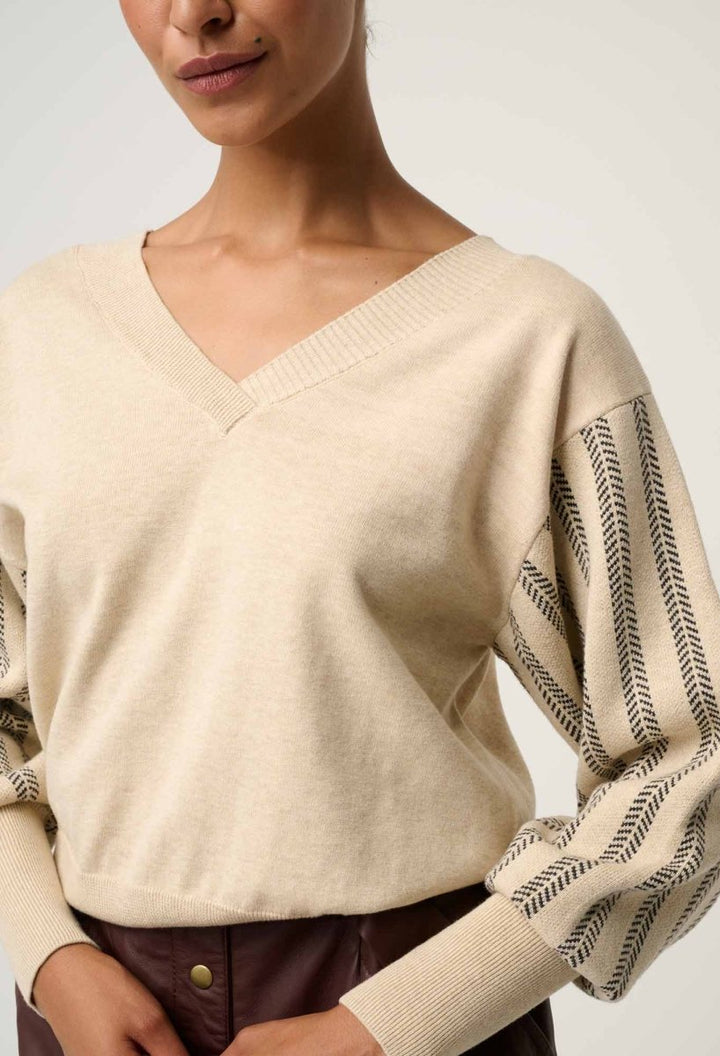 Elsie Cotton Cashmere Blend V Neck Jacquard Knit in Cream Braid knit Once Was