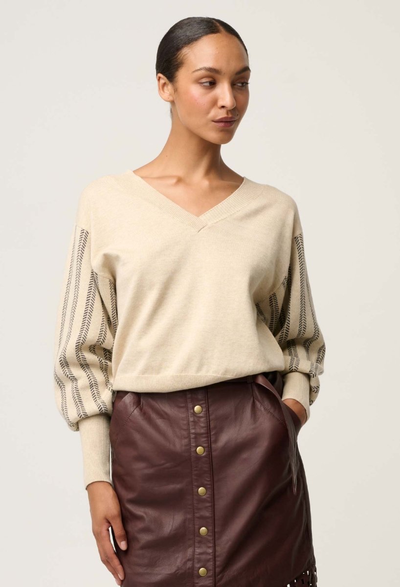 Elsie Cotton Cashmere Blend V Neck Jacquard Knit in Cream Braid knit Once Was