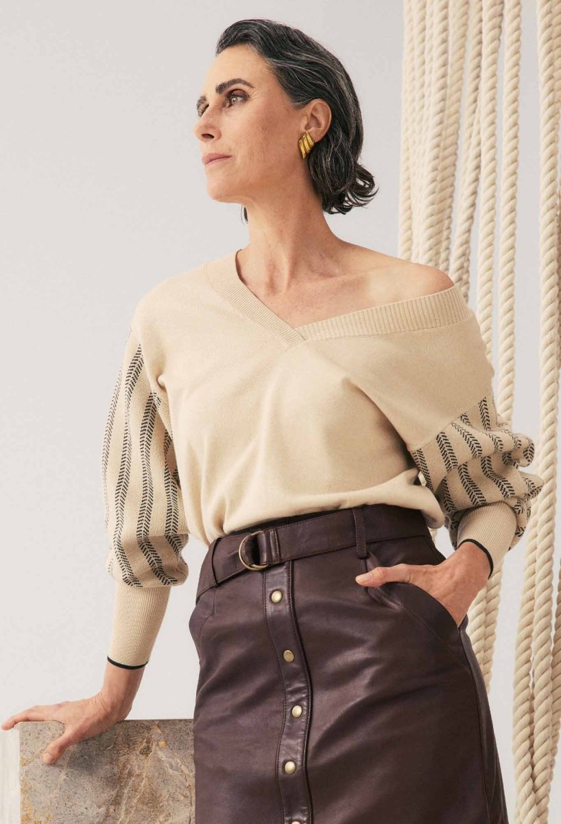 Elsie Cotton Cashmere Blend V Neck Jacquard Knit in Cream Braid knit Once Was