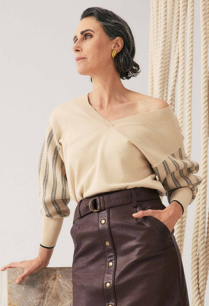 Elsie Cotton Cashmere Blend V Neck Jacquard Knit in Cream Braid knit Once Was
