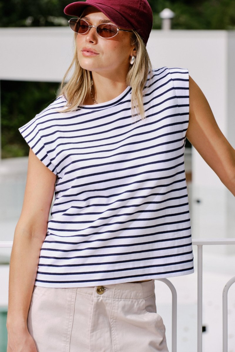 Esme Extended Shoulder Tee - Stripe Navy Tee shirt Ceres Life