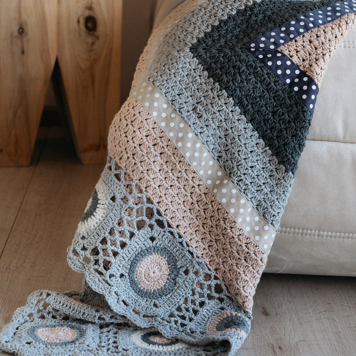 Hand Crochet Grey and Cream Blanket and the little dog laughed