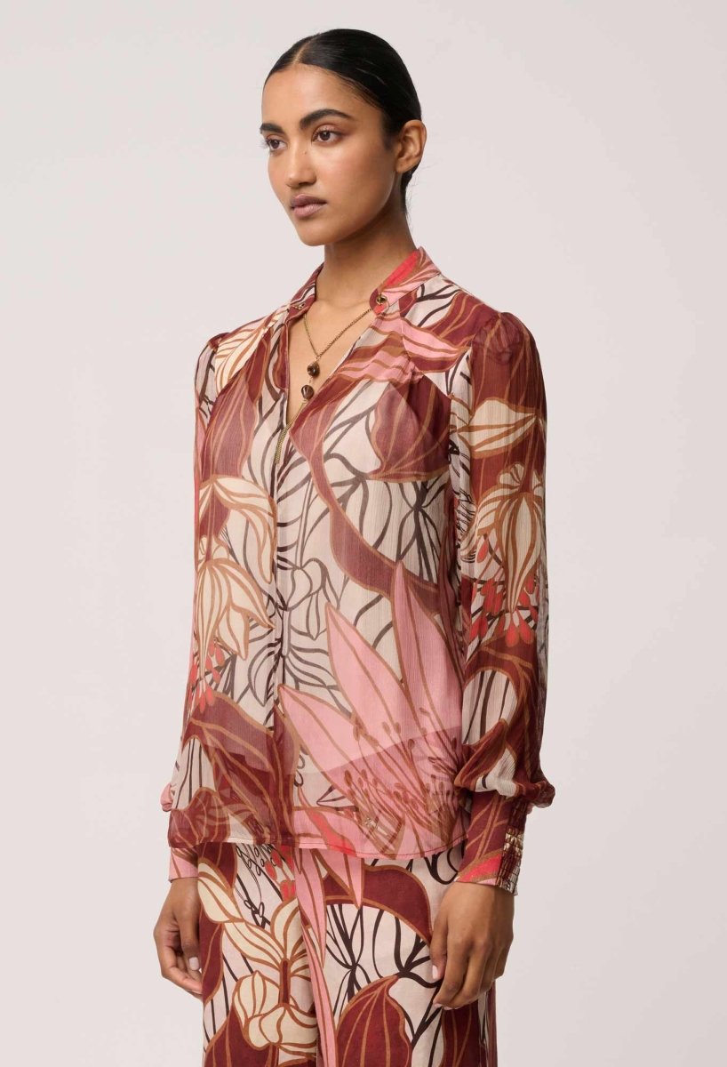 Freya Sheer Viscose Blouse with Embellished Neck Detail in Cathedral Botanic Blouse Once Was