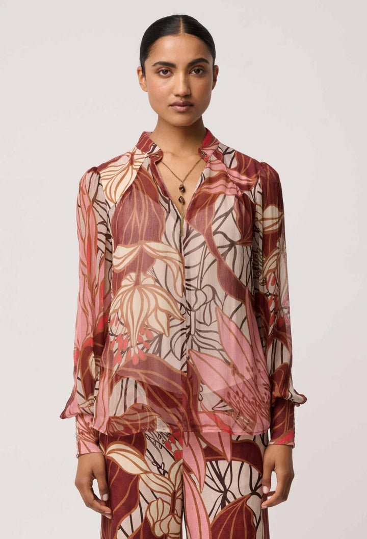 Freya Sheer Viscose Blouse with Embellished Neck Detail in Cathedral Botanic Blouse Once Was