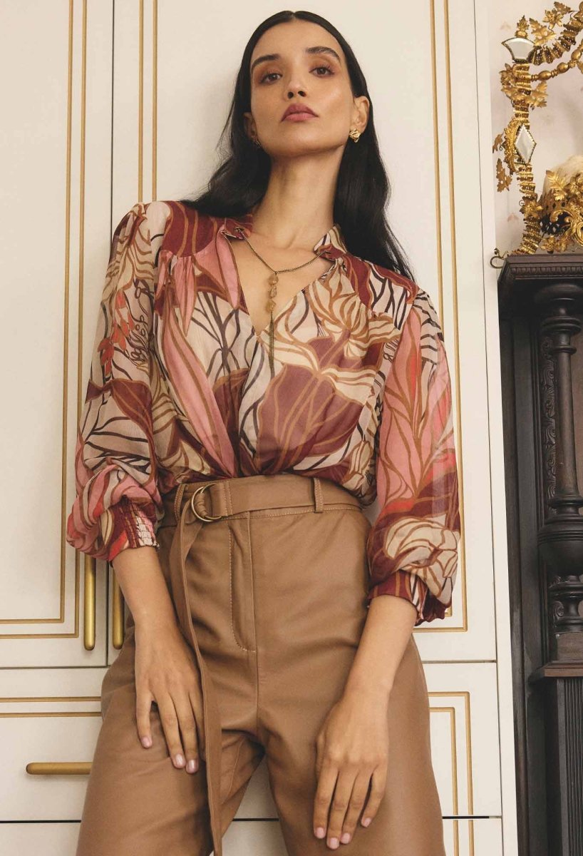 Freya Sheer Viscose Blouse with Embellished Neck Detail in Cathedral Botanic Blouse Once Was