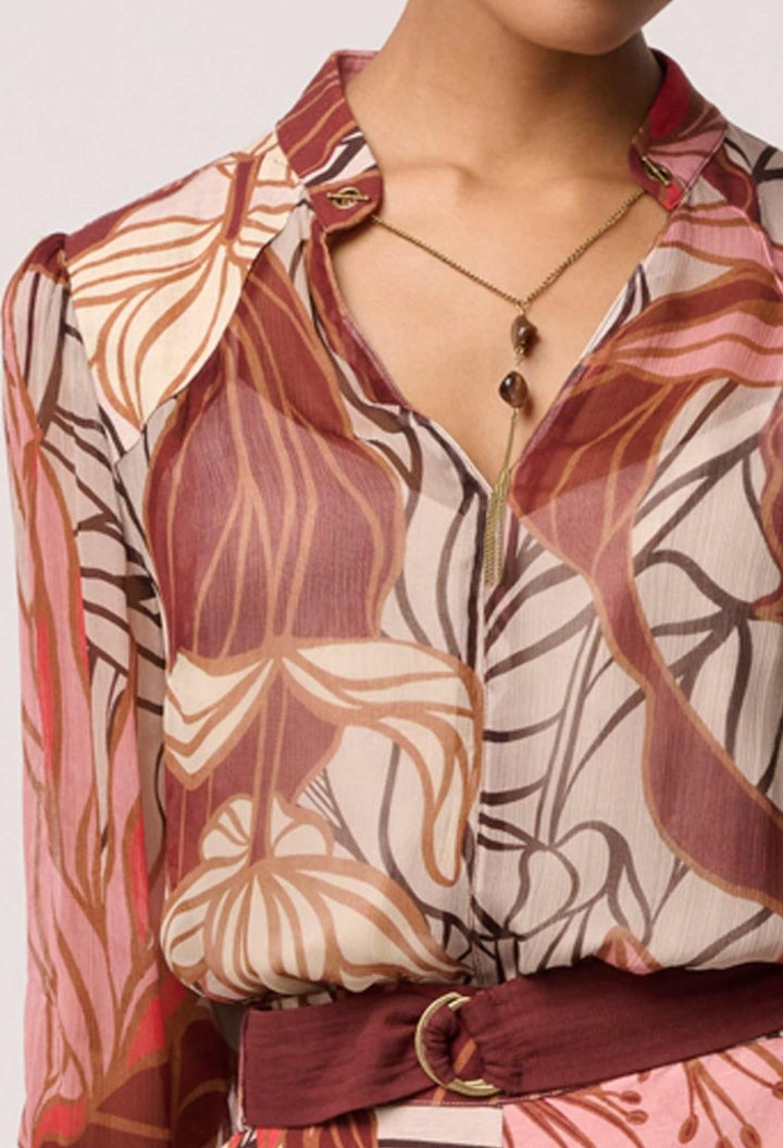 Freya Sheer Viscose Blouse with Embellished Neck Detail in Cathedral Botanic Blouse Once Was