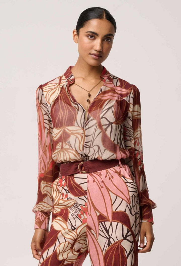 Freya Sheer Viscose Blouse with Embellished Neck Detail in Cathedral Botanic Blouse Once Was