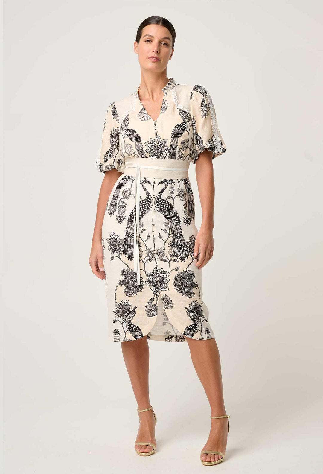 Gaia Lace Spliced Linen Viscose Dress in Imperial Stone dress Once Was