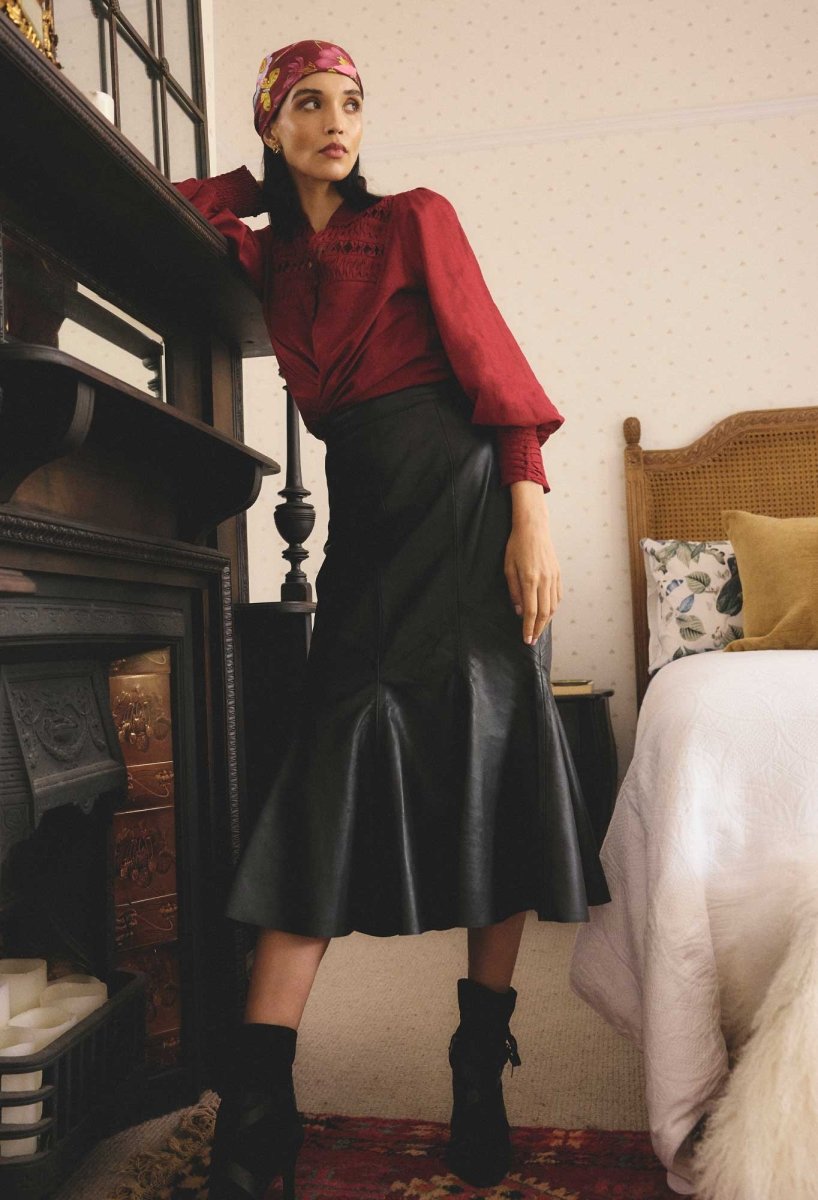 Gayle Genuine Leather Panelled Skirt in Black Once Was