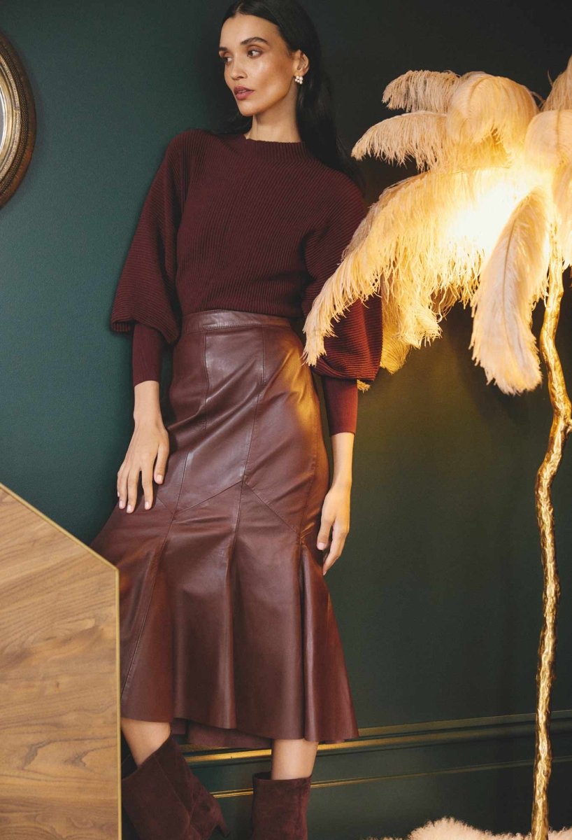 Gayle Genuine Leather Panelled Skirt in Oxblood Once Was