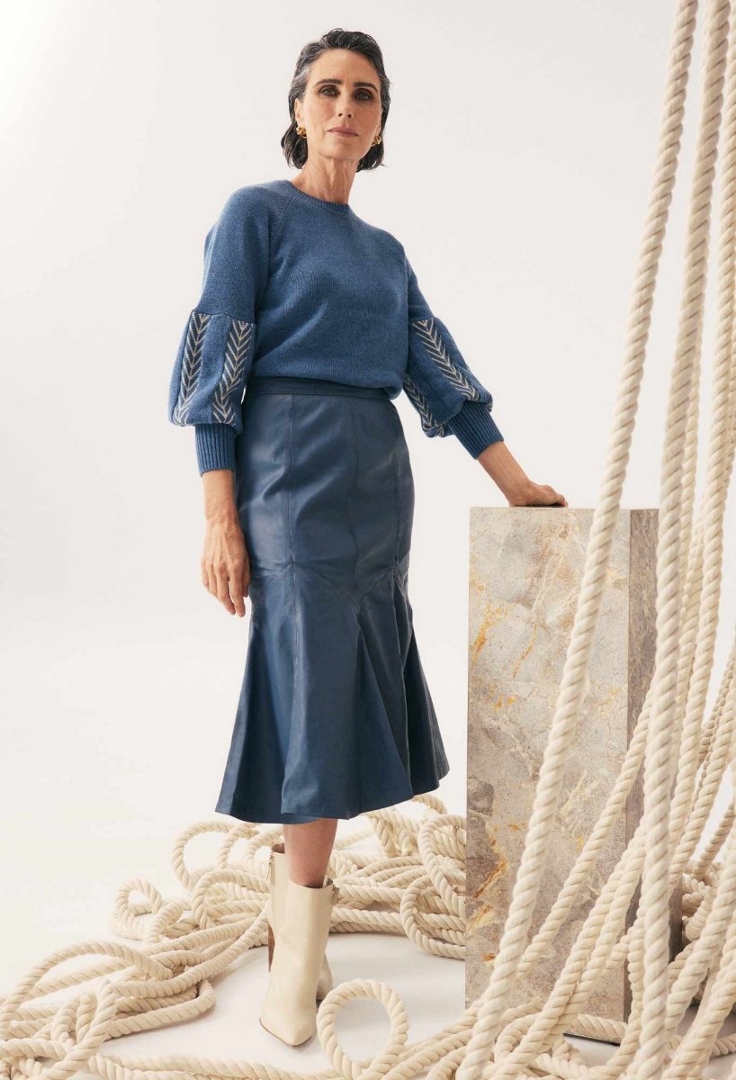 Gayle Leather Godet Panelled Skirt - Stonewashed Blue skirt Once Was