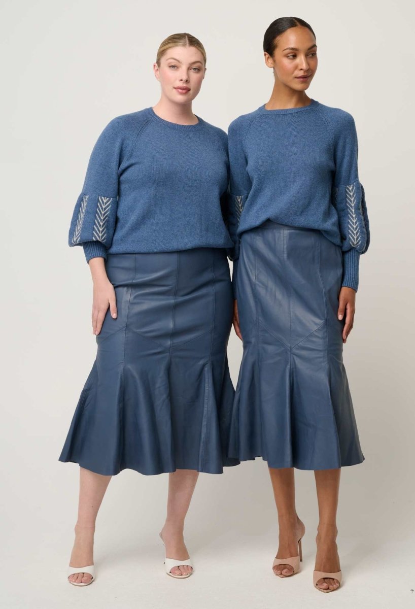 Gayle Leather Godet Panelled Skirt - Stonewashed Blue skirt Once Was