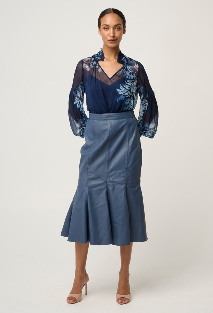 Gayle Leather Godet Panelled Skirt - Stonewashed Blue skirt Once Was