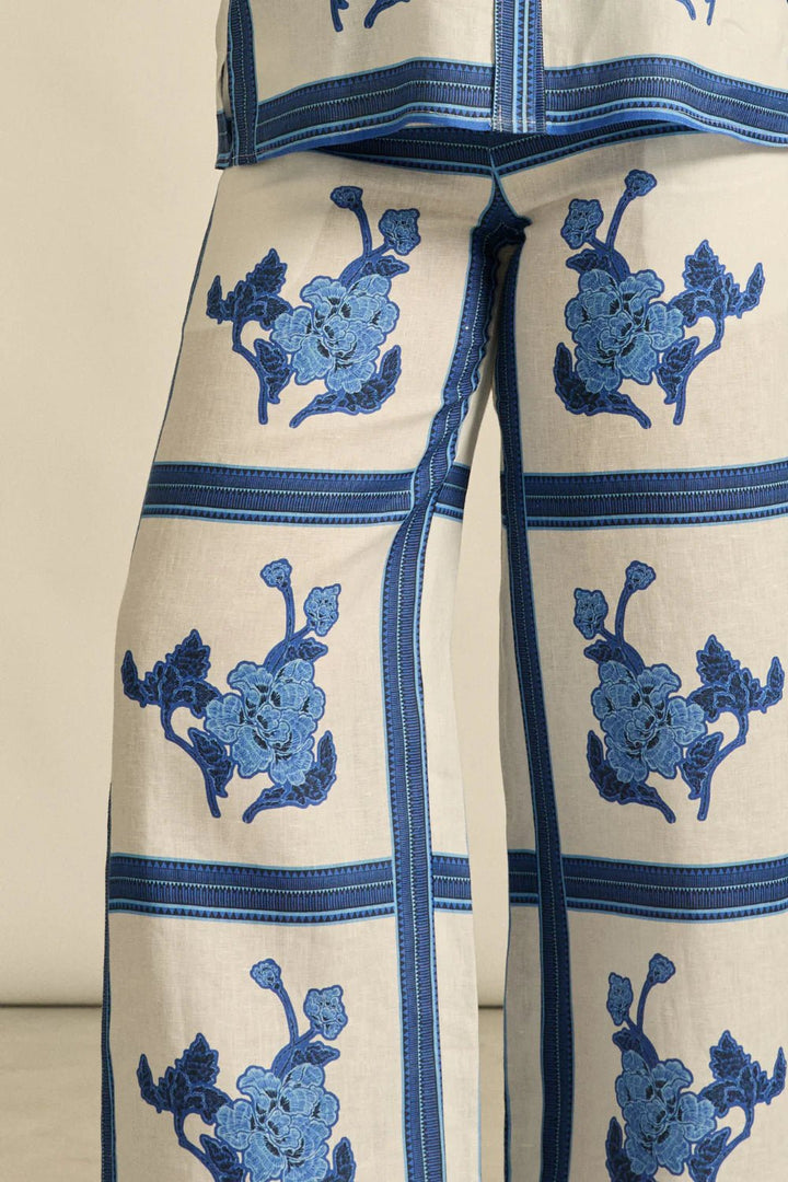 Gesture Linen Print Pant - Azure Collage Pant Zoe Kratzmann